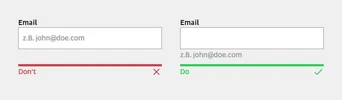 Two email input fields are displayed side by side. The left field shows a red "Don't" with a cross mark, indicating an invalid entry. The right field shows a green "Do" with a check mark, indicating a valid entry.