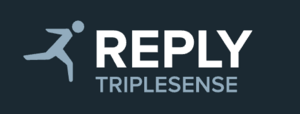Logo featuring a stylized figure in motion alongside the text "REPLY TRIPLESENSE." The design uses a dark background with light-colored text and graphic elements.