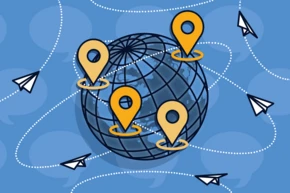 A globe with four yellow location markers is surrounded by dotted lines and paper airplanes, symbolizing global communication and connectivity.