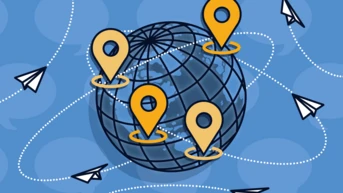 A globe with four yellow location markers is surrounded by dotted lines and paper airplanes, symbolizing global communication and connectivity.