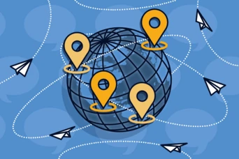 Ein Globus mit vier gelben Standortmarkierungen ist von gepunkteten Linien und Papierflugzeugen umgeben, die globale Kommunikation und Vernetzung symbolisieren.