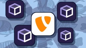 Vier quadratische Symbole mit einem lila Würfeldesign umgeben ein zentrales Logo mit einer orangefarbenen Schildform auf einem gemusterten Hintergrund.