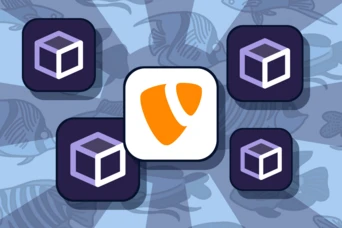Four square icons featuring a purple cube design surround a central logo with an orange shield shape on a patterned background.