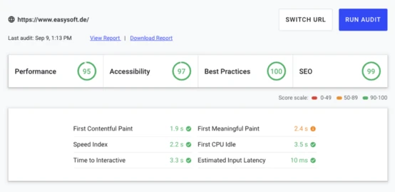 Website audit summary for easysoft.de, showing performance scores: Performance 95, Accessibility 97, Best Practices 100, SEO 99. Key metrics include First Contentful Paint at 1.9s, Speed Index at 2.2s, and Time to Interactive at 3.3s.