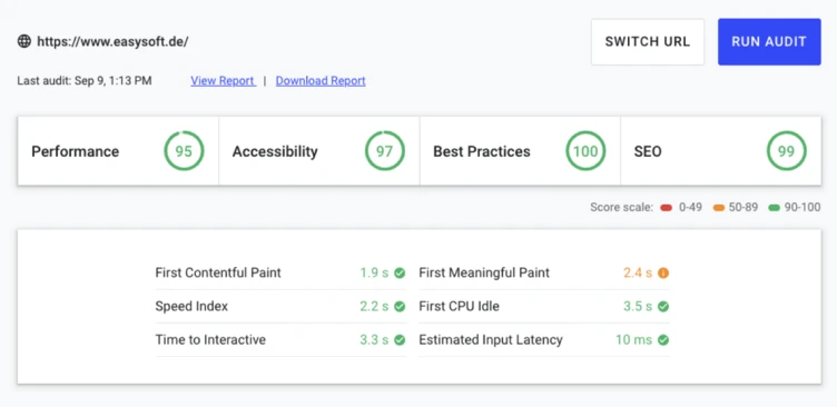 Website audit summary for easysoft.de, showing performance scores: Performance 95, Accessibility 97, Best Practices 100, SEO 99. Key metrics include First Contentful Paint at 1.9s, Speed Index at 2.2s, and Time to Interactive at 3.3s.