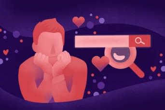 A person rests their chin on their hands, looking contemplative, surrounded by hearts and a search bar with a magnifying glass icon, suggesting themes of love and online searching.