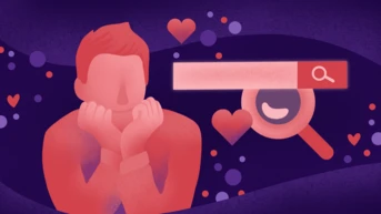 A person rests their chin on their hands, looking contemplative, surrounded by hearts and a search bar with a magnifying glass icon, suggesting themes of love and online searching.