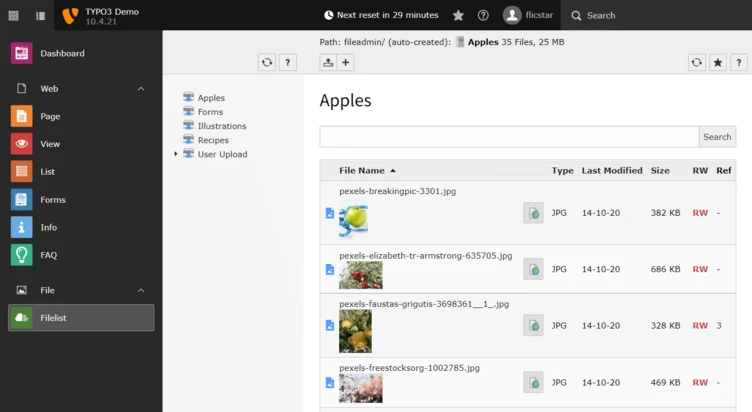 File management interface displaying a list of image files related to "Apples." Each entry includes file name, type, last modified date, file size, and read/write permissions.
