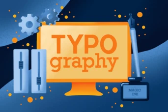 A computer monitor displays the word "TYPOgraphy" in bold orange letters, accompanied by graphic elements including gears, sliders, and a pen with a label reading "MAGIC INK."