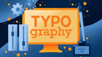 Ein Computerbildschirm zeigt das Wort "TYPOGRAPHIE" in fetten, orangefarbenen Buchstaben, begleitet von grafischen Elementen wie Zahnrädern, Schiebereglern und einem Stift mit einem Etikett, auf dem "MAGISCHE TINTE" steht.