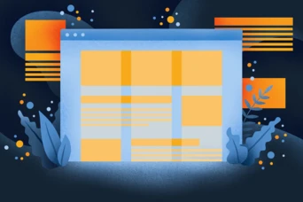 A stylized computer window displays a grid layout with yellow sections and text lines, surrounded by abstract shapes and foliage in a dark background.