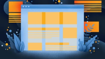 A stylized computer window displays a grid layout with yellow sections and text lines, surrounded by abstract shapes and foliage in a dark background.
