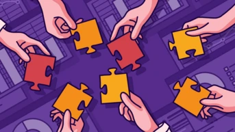 Several hands are reaching for and holding colorful puzzle pieces in shades of red and yellow, arranged in a circular formation against a purple background. The scene suggests collaboration and problem-solving.