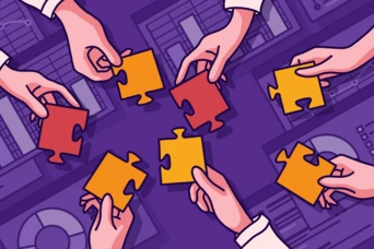Several hands are reaching for and holding colorful puzzle pieces in shades of red and yellow, arranged in a circular formation against a purple background. The scene suggests collaboration and problem-solving.