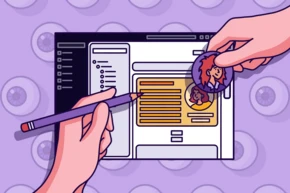 Hände, die einen Bleistift und einen runden Chip mit Zeichen halten, arbeiten an einer digitalen Oberfläche, die Text und Bilder anzeigt.