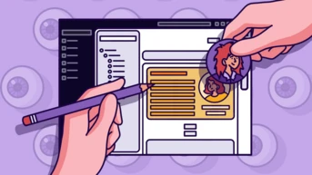 Hände, die einen Bleistift und einen runden Chip mit Zeichen halten, arbeiten an einer digitalen Oberfläche, die Text und Bilder anzeigt.