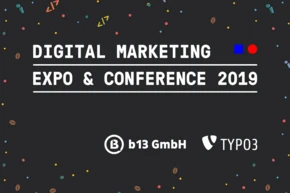 Digital Marketing Expo & Conference 2019, featuring logos of b13 GmbH and TYPO3, set against a colorful, confetti-like background.