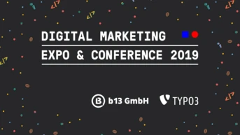 Digital Marketing Expo & Conference 2019, mit den Logos von b13 GmbH und TYPO3, vor einem bunten, konfettilike Hintergrund.