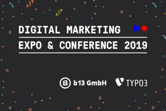 Digital Marketing Expo & Conference 2019, mit den Logos von b13 GmbH und TYPO3, vor einem bunten, konfettilike Hintergrund.