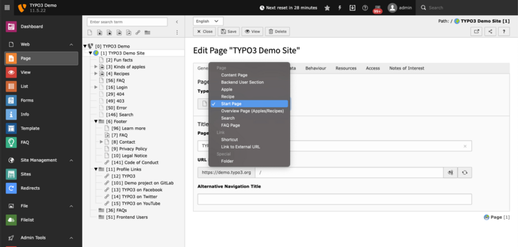 Selecting page types in the demo project site
