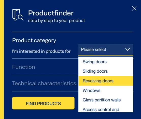 Product selection interface showing categories for doors, including options like swing, sliding, and revolving doors, with a "Find Products" button.
