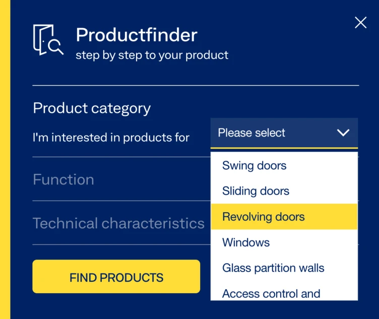 Product selection interface showing categories for doors, including options like swing, sliding, and revolving doors, with a "Find Products" button.
