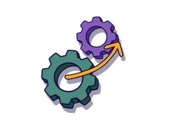 Two interlocking gears, one green and one purple, with an upward arrow indicating movement or progress.