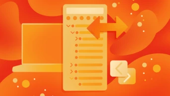 Ein Laptop wird neben einer vertikalen Liste dargestellt, mit Pfeilen, die den Datentransfer oder die Bewegung anzeigen, vor einem abstrakten orangefarbenen Hintergrund mit kreisförmigen Mustern.