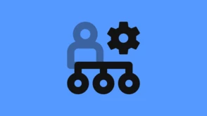 Icon depicting a person next to a gear, connected by a line to three circles, representing a workflow or process management concept.