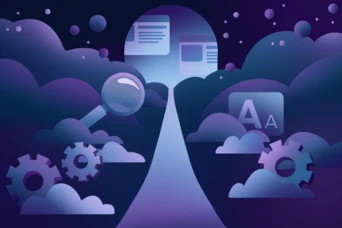 A pathway leads through stylized clouds, flanked by a magnifying glass and gears, with icons representing text and documents in the background, suggesting themes of exploration and technology.