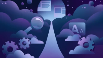 A pathway leads through stylized clouds, flanked by a magnifying glass and gears, with icons representing text and documents in the background, suggesting themes of exploration and technology.