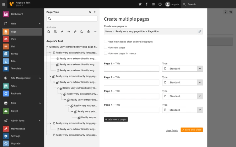 Create Multiple Pages (TYPO3 Page Tree) Dashboard interface displaying options to create multiple pages. The sidebar lists existing pages and subpages, while the main area includes fields for entering titles and types for new pages, along with buttons to add more pages or save changes.