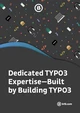 Text on a dark background states, "Dedicated TYPO3 Expertise—Built by Building TYPO3." The background features various colorful icons related to technology and design, such as laptops, coding symbols, and coffee cups.