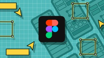 Figma logo centered on a grid background, surrounded by various design elements including arrows and rectangular shapes, suggesting a focus on digital design and prototyping tools.