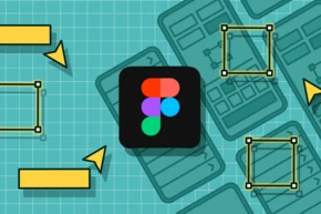Figma logo centered on a grid background, surrounded by various design elements including arrows and rectangular shapes, suggesting a focus on digital design and prototyping tools.