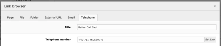 A user interface displaying a link browser with fields for a title labeled "Better Call Saul" and a telephone number formatted as "+49 711 4605897-0."