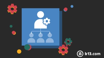 Graphic depicting a person with a gear icon, symbolizing management or organization, connected to three smaller figures below. Surrounding elements include colorful gears and circles, set against a dark background.