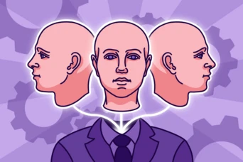 A stylized illustration of a man in a suit with three head profiles, symbolizing different perspectives or ideas, set against a purple background.