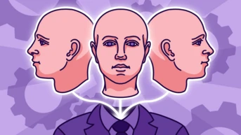 A stylized illustration of a man in a suit with three head profiles, symbolizing different perspectives or ideas, set against a purple background.