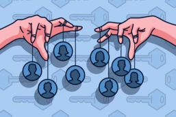 Two hands manipulate strings attached to circular icons representing people, set against a background of key patterns.