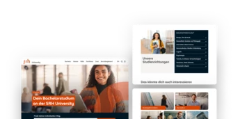 Website layout for SRH University featuring sections on bachelor's programs, student services, and a smiling student holding a book.