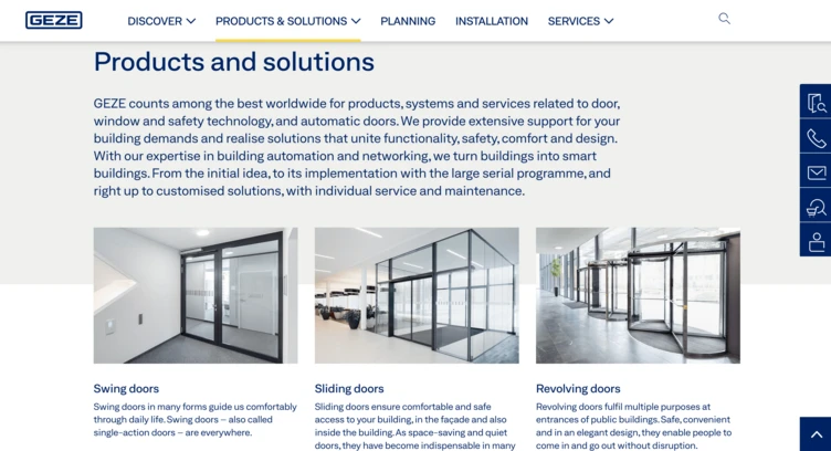 Overview of GEZE's products and solutions related to doors, windows, and safety technology, highlighting various door types and services offered.