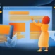 A person with curly hair gestures towards a large computer screen displaying text and layout elements. The scene features vibrant colors, including orange and blue, with additional graphic elements like plants and smaller screens in the foreground.