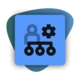 Icon depicting a person connected to a gear and three nodes, symbolizing management or organizational structure.