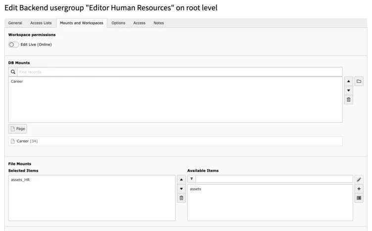 User interface for editing backend user group settings titled "Editor Human Resources." Sections include workspace permissions, database mounts, and file mounts with options for selecting and managing items.