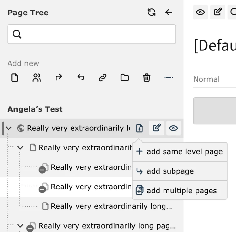 A digital interface displaying a page tree titled "Angela's Test," featuring multiple entries labeled "Really very extraordinarily long" and options to add pages or subpages.