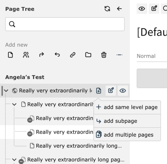 A digital interface displaying a page tree titled "Angela's Test," featuring multiple entries labeled "Really very extraordinarily long" and options to add pages or subpages.