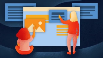 Two figures interact with a digital interface, one pointing at an image placeholder while the other gestures towards text boxes. The scene features a modern design with vibrant colors and abstract shapes in the background.