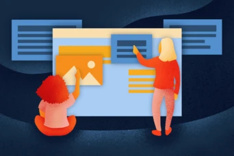 Zwei Personen interagieren mit einer digitalen Benutzeroberfläche, wobei eine auf einen Bildplatzhalter zeigt, während die andere auf Textfelder deutet. Die Szene zeichnet sich durch ein modernes Design mit lebendigen Farben und abstrakten Formen im Hintergrund aus.
