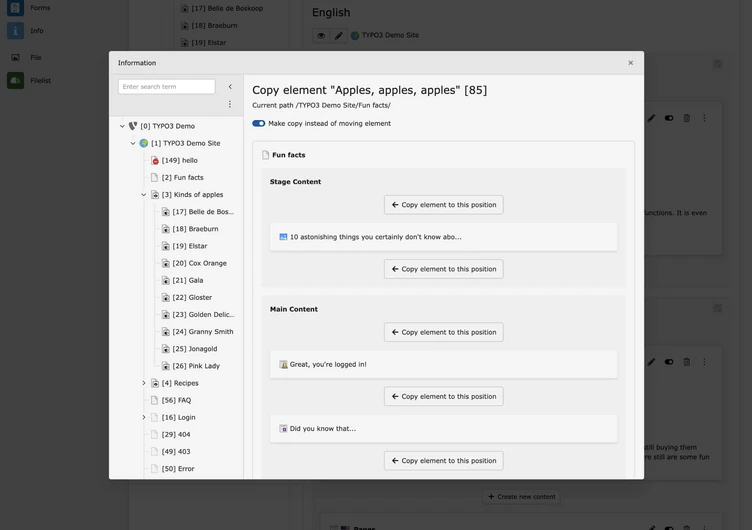Benutzeroberfläche, die ein Content-Management-System anzeigt, mit Bereichen für "Wissenswertes" und "Hauptinhalt", einschließlich Optionen zum Kopieren von Elementen.